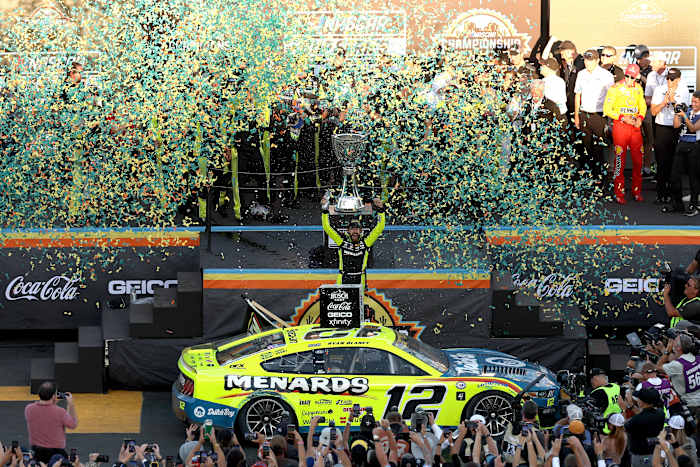 Ryan Blaney celebrates his first NASCAR Cup championship at Phoenix Raceway. Can he make it two in a row in 2024? (Photo by Christian Petersen/Getty Images)